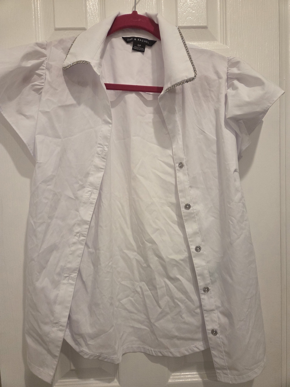 Zac & Rachel White Short Sleeve Button-Down Shirt with Rhinestone Collar